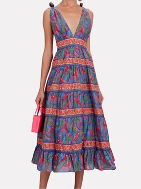 FARM Rio |Tropical V-Neck Tiered Midi Dress | Tie Strap | Size M | Worn 1x